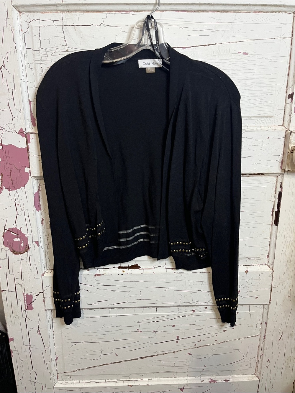 Calvin Klein Black Open-Front Cardigan with Stud Trim Viscose Nylon Blnd Sz XL